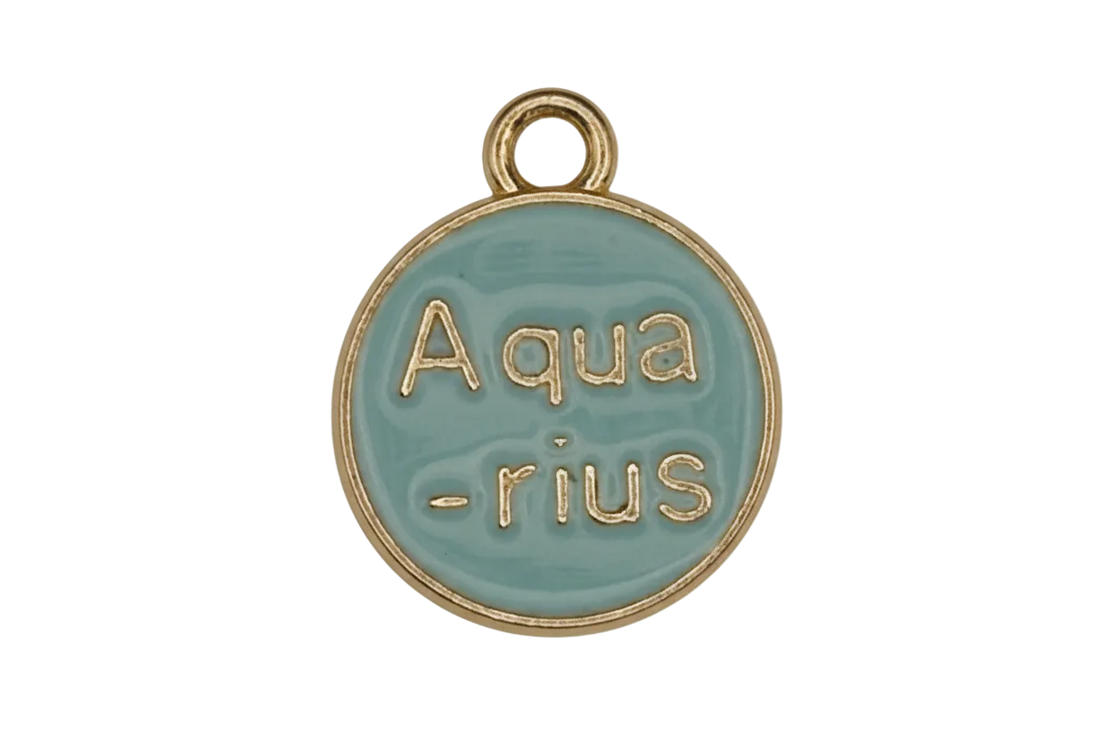 close-up of round light blue enamel charm with gold-tone 'Aquarius' text and border