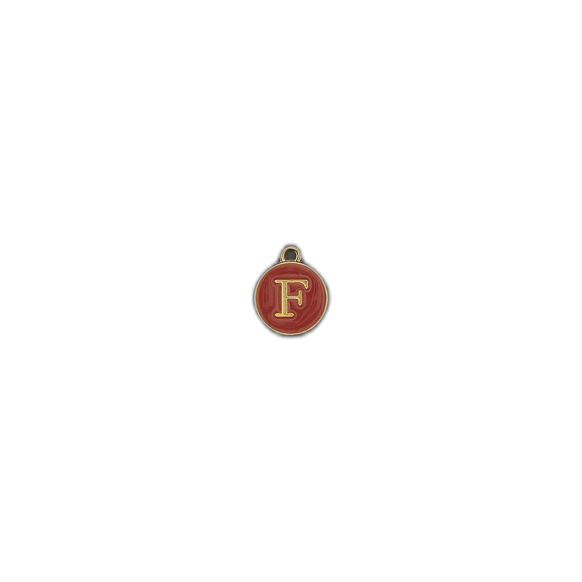 small round red enamel letter F charm on black background