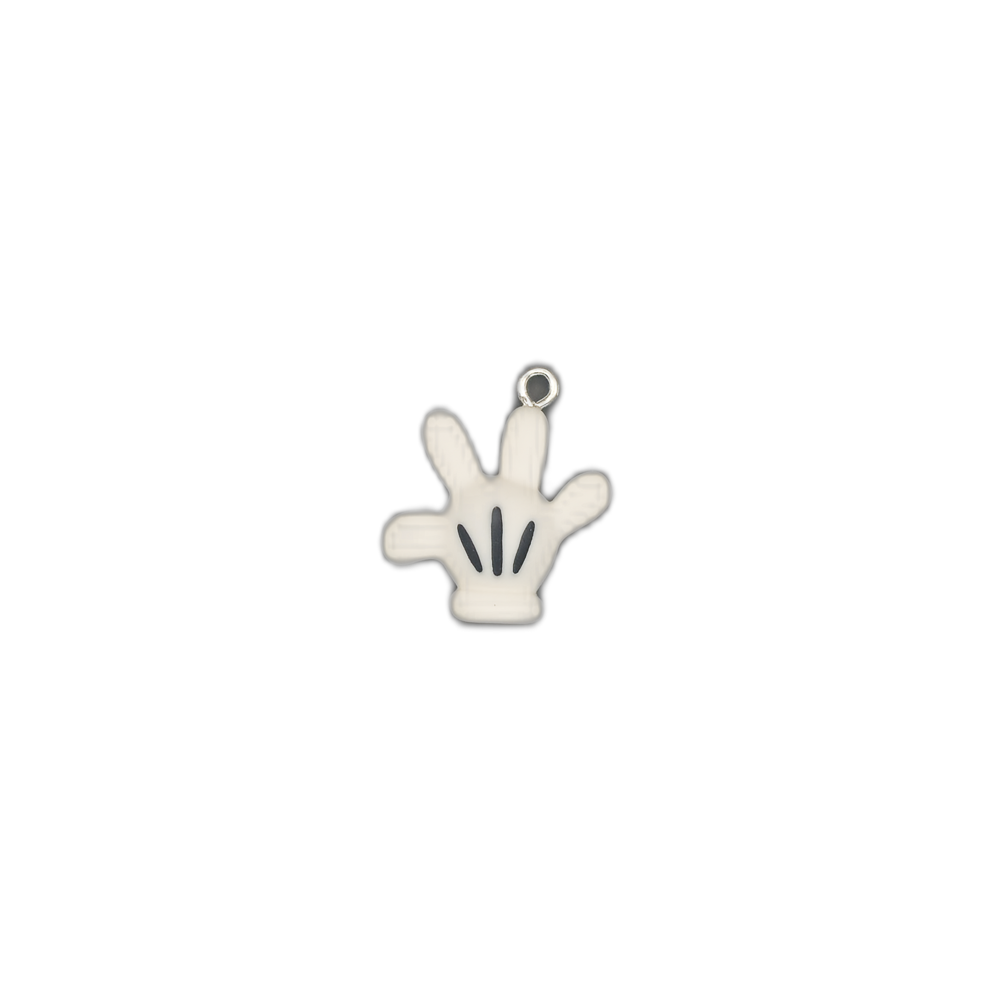 small white glove hand charm centered on a black background