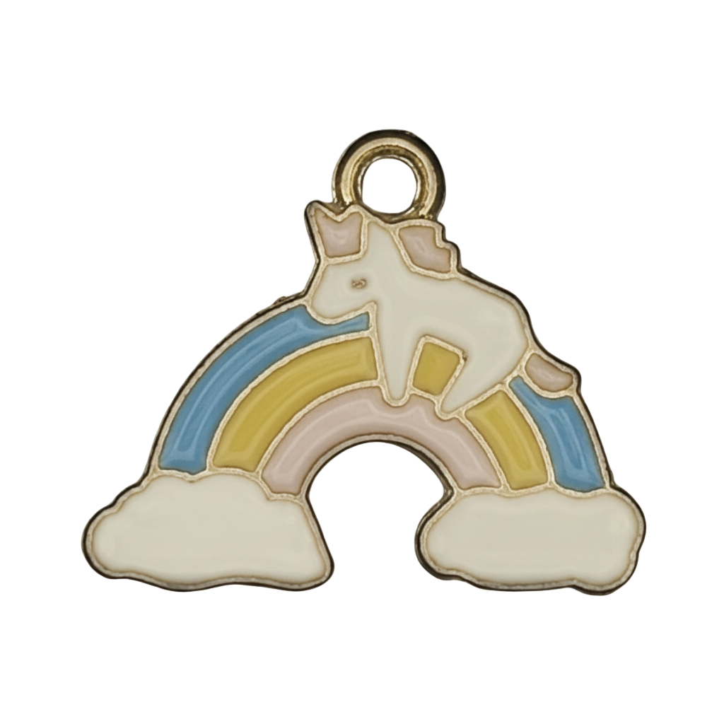 close-up of gold-tone enamel charm showing a white unicorn on a pastel rainbow with clouds