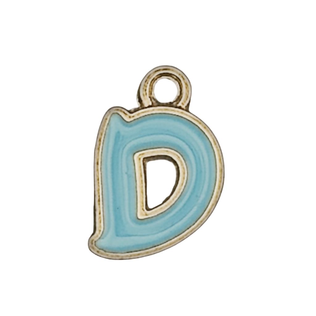 close-up of blue enamel letter D charm with gold outline on black background