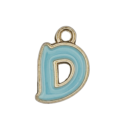 close-up of blue enamel letter D charm with gold outline on black background