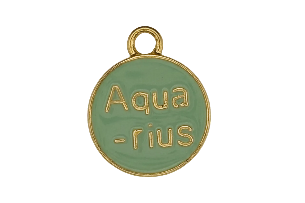 Close-up of a round green enamel charm reading "Aquarius" in gold.