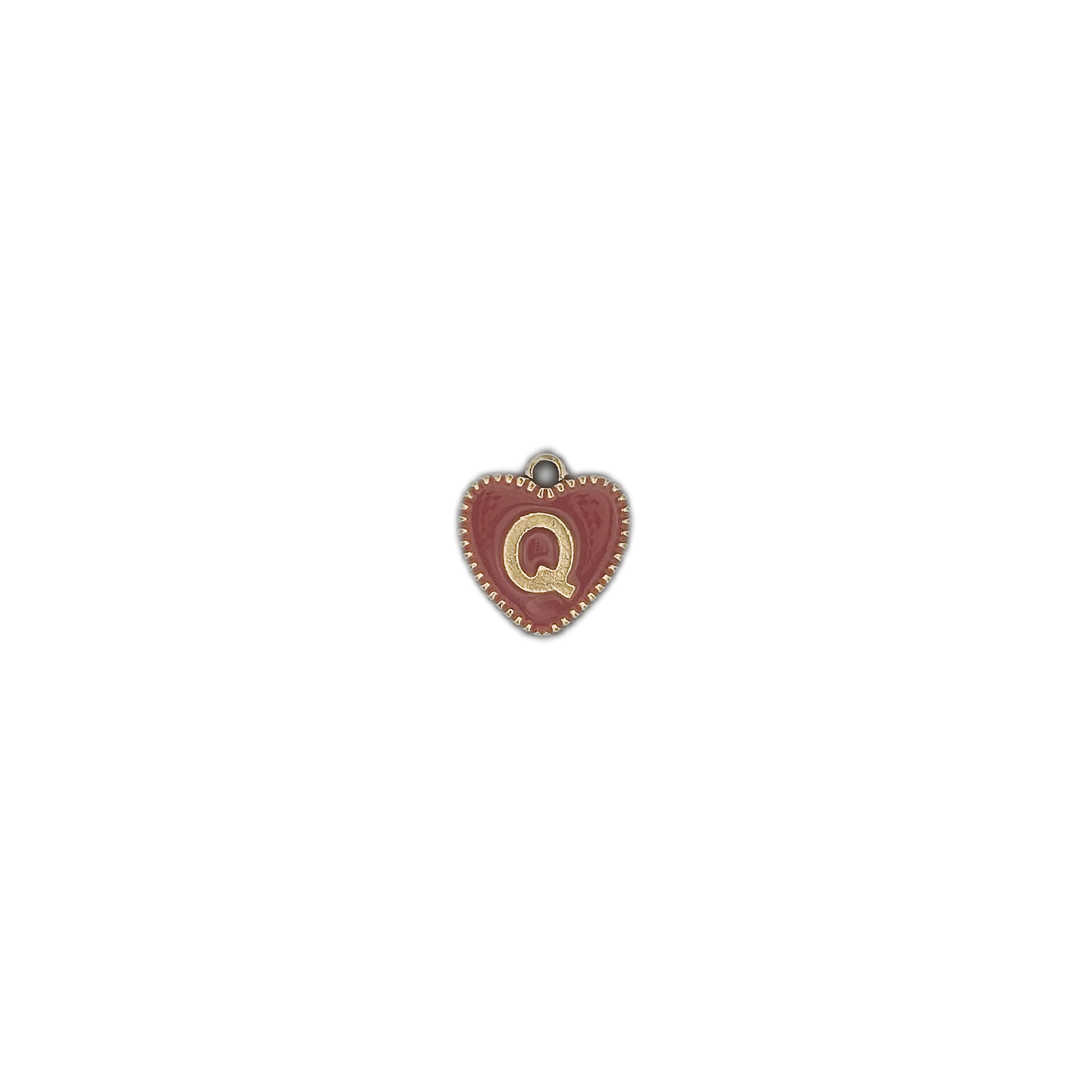small heart-shaped charm with gold letter Q on a red face