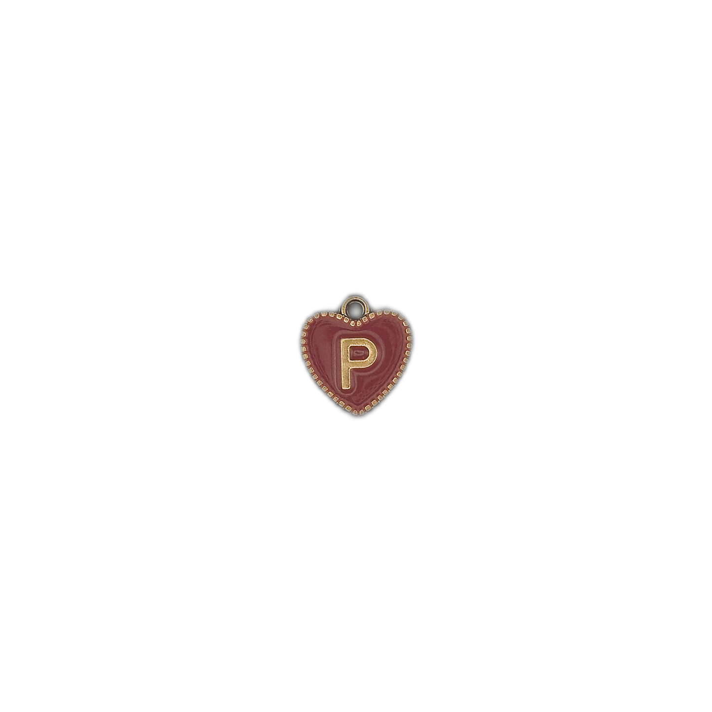 Small burgundy heart charm with gold letter P centered on a black background.