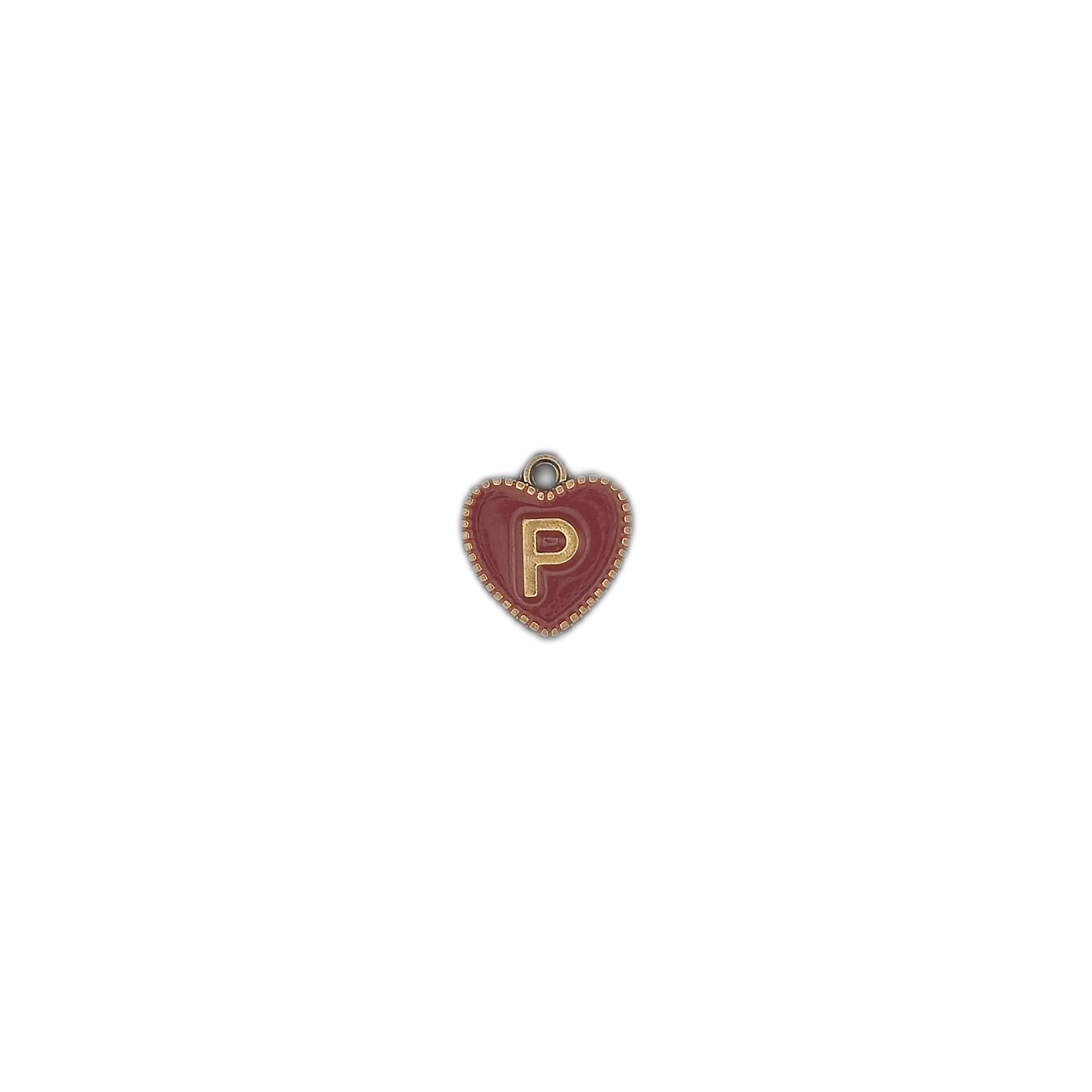 Small burgundy heart charm with gold letter P centered on a black background.