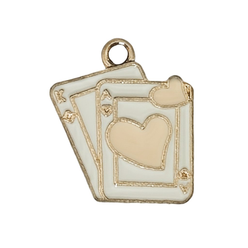 gold-tone enamel charm shaped like fanned playing cards with hearts on a black background
