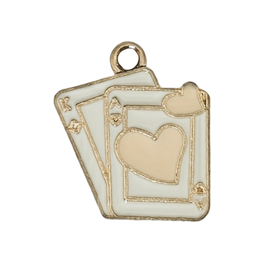gold-tone enamel charm shaped like fanned playing cards with hearts on a black background