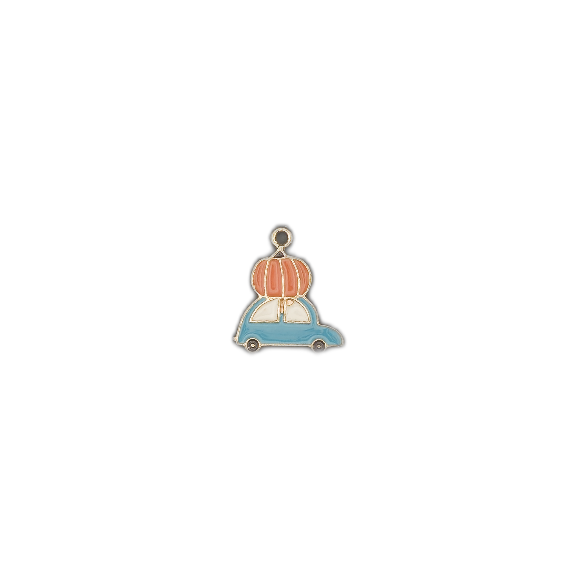 small enamel charm of a blue car carrying an orange pumpkin, centered on black background