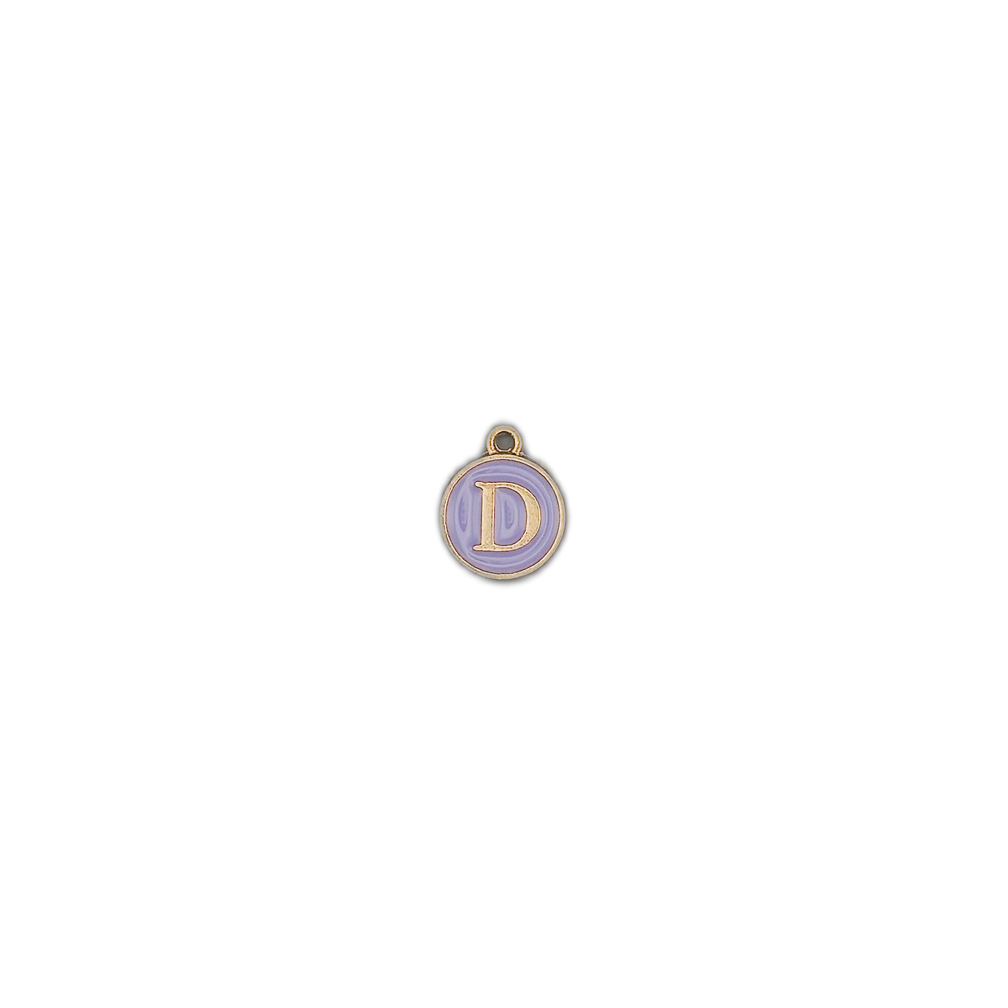 Small round charm with a gold letter D on a lavender background, centered on a black backdrop.