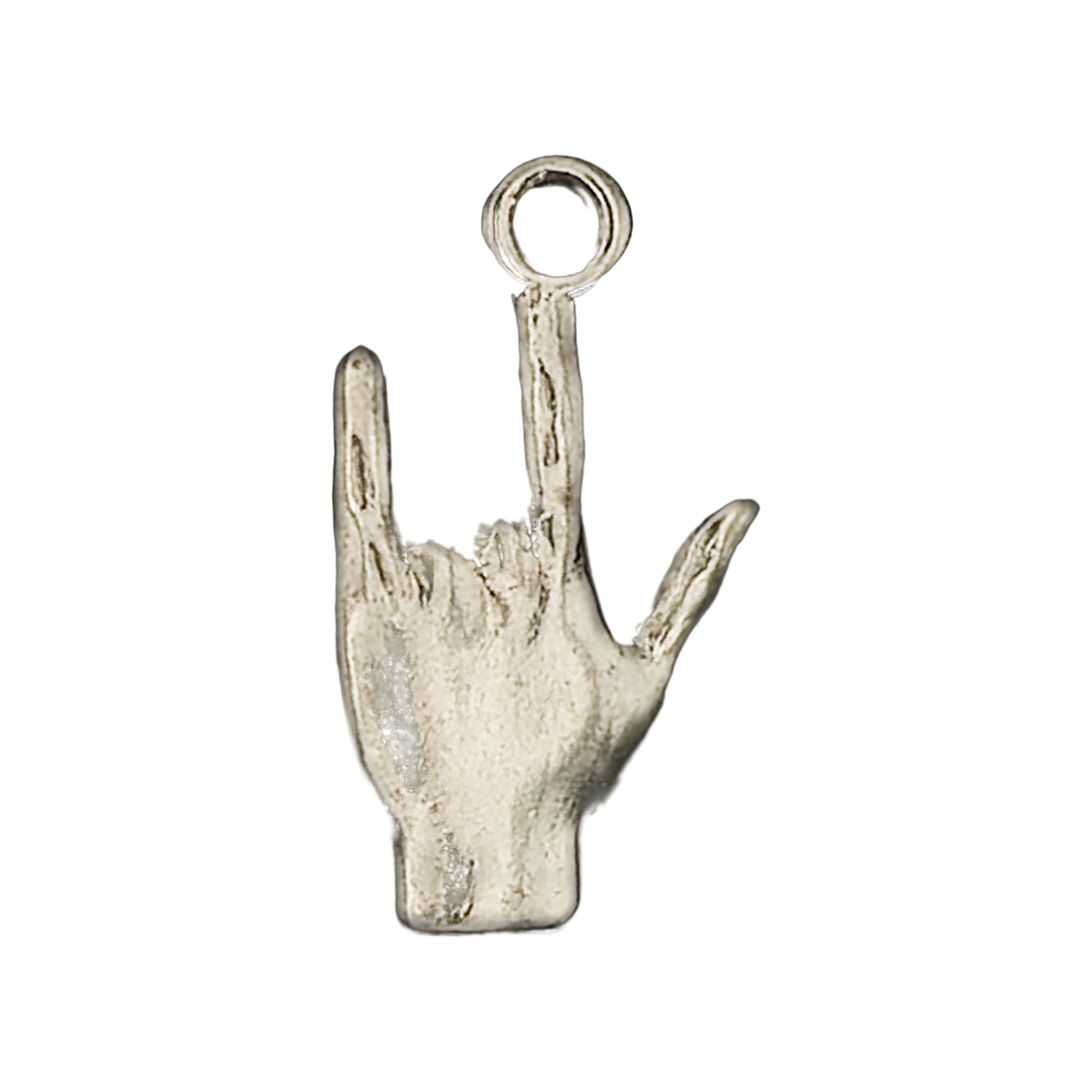 close-up of a small silver-tone hand charm showing the ASL I love you sign on a black background