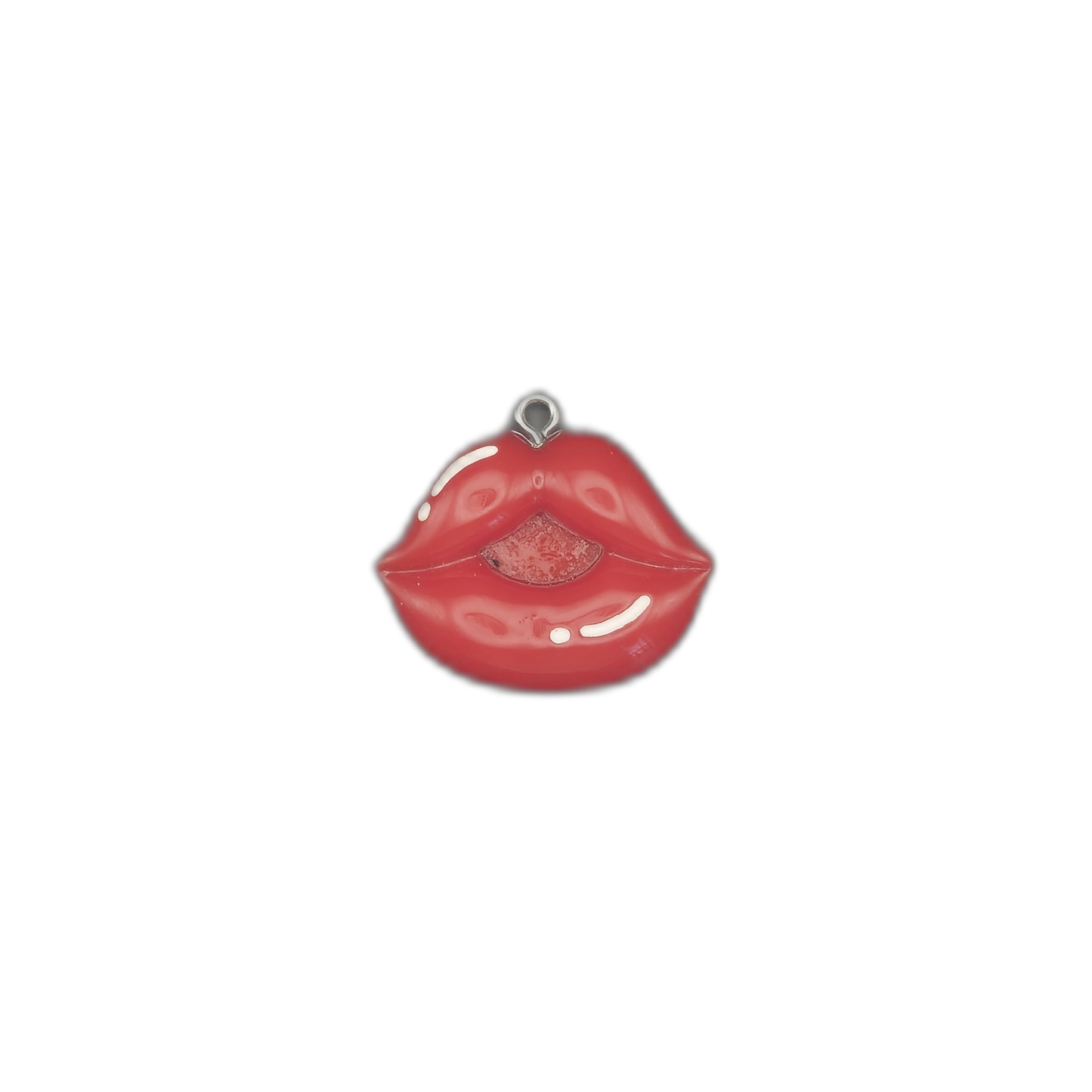Full view of a red lips charm centered on a black background.