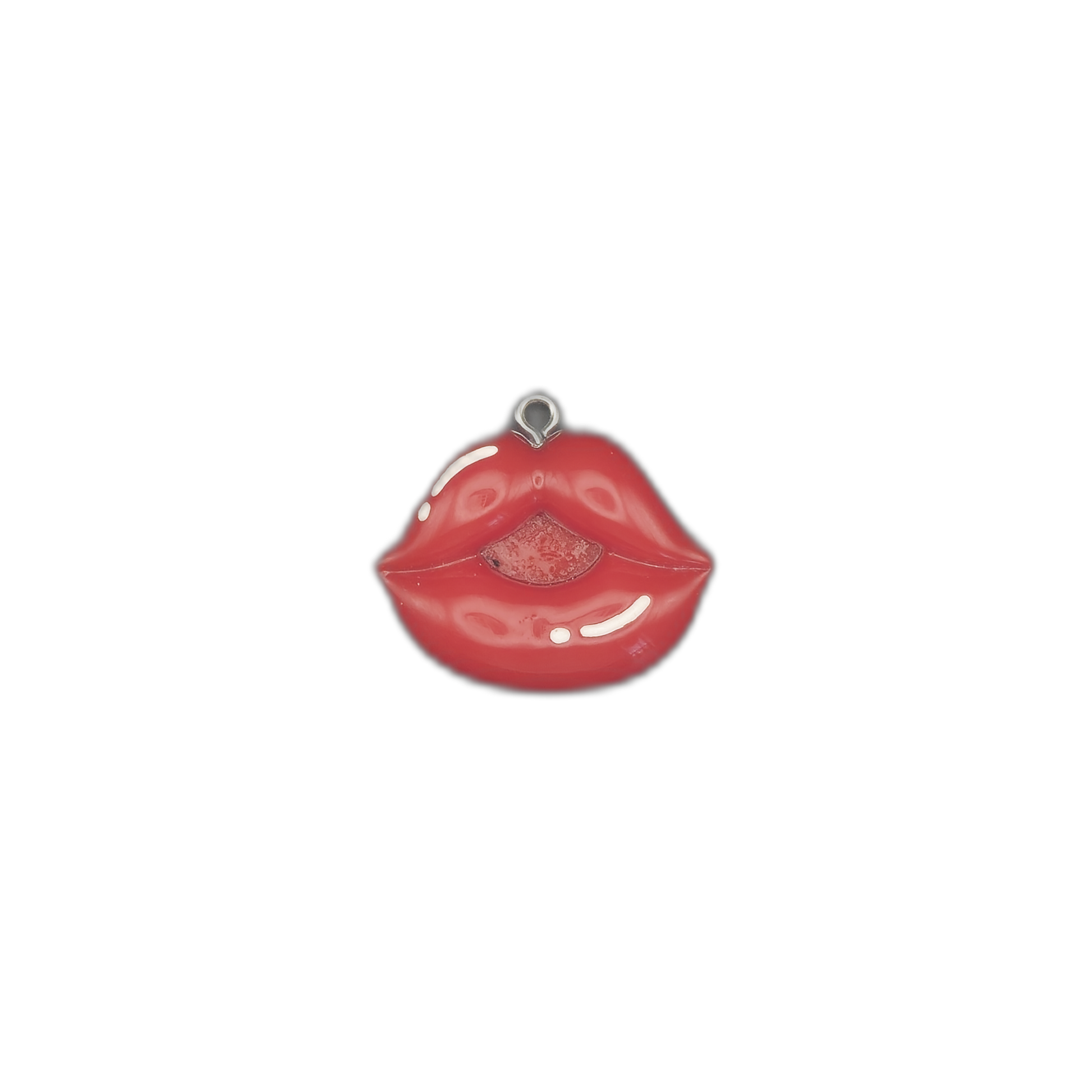Full view of a red lips charm centered on a black background.