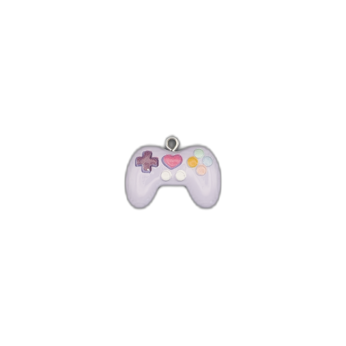 small lavender game controller charm on a black background