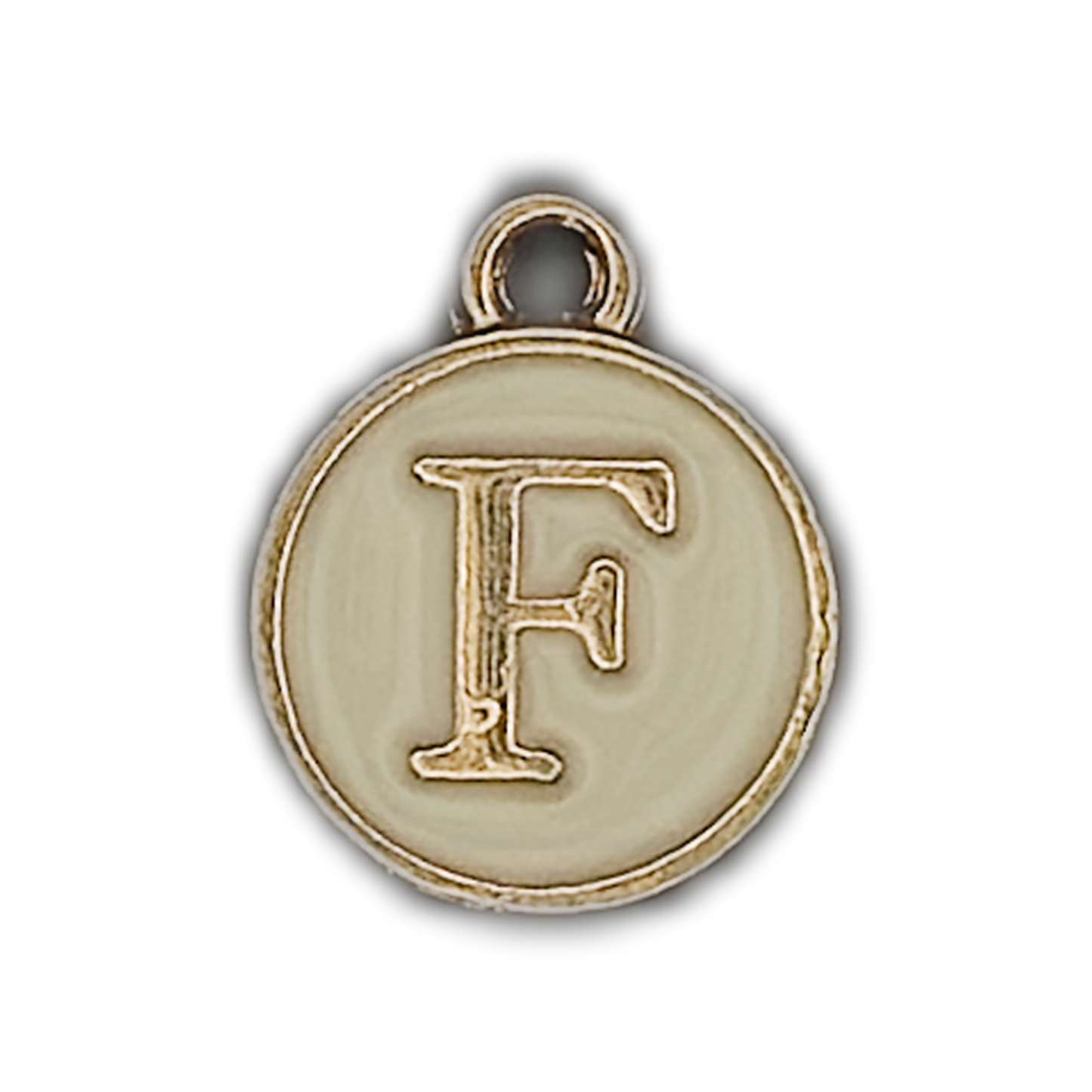 Close-up of round gold and ivory letter F charm.
