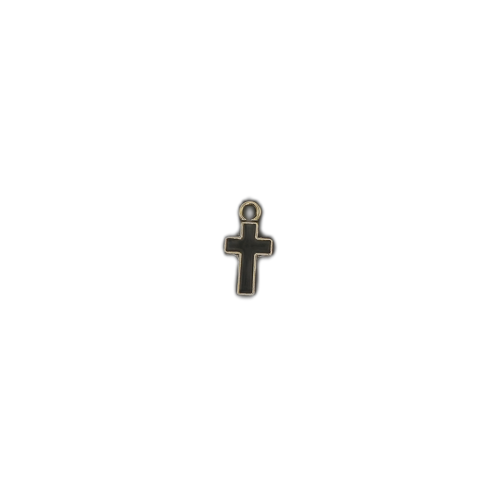 small black cross charm with gold edging centered on a black background