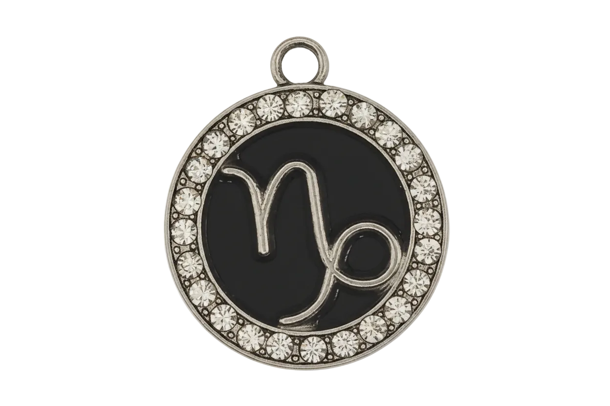 Close-up of a round black charm with a silver Capricorn symbol and clear rhinestone border on a black background.