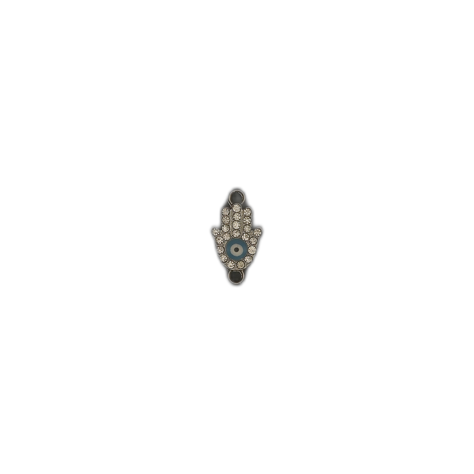 full view of rhinestone hamsa hand charm centered on black background