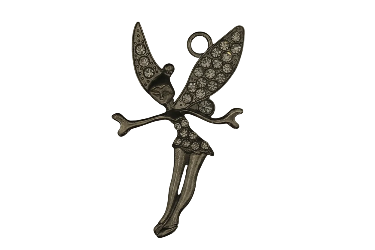 close-up of a silver-tone rhinestone fairy charm on a black background