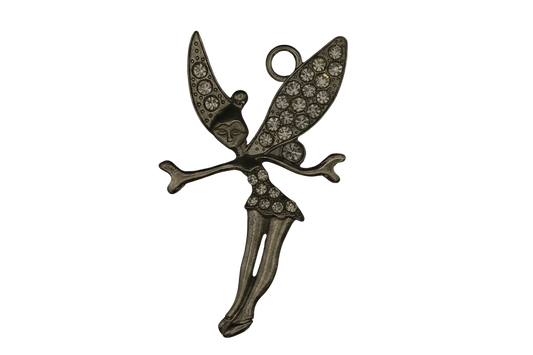 close-up of a silver-tone rhinestone fairy charm on a black background