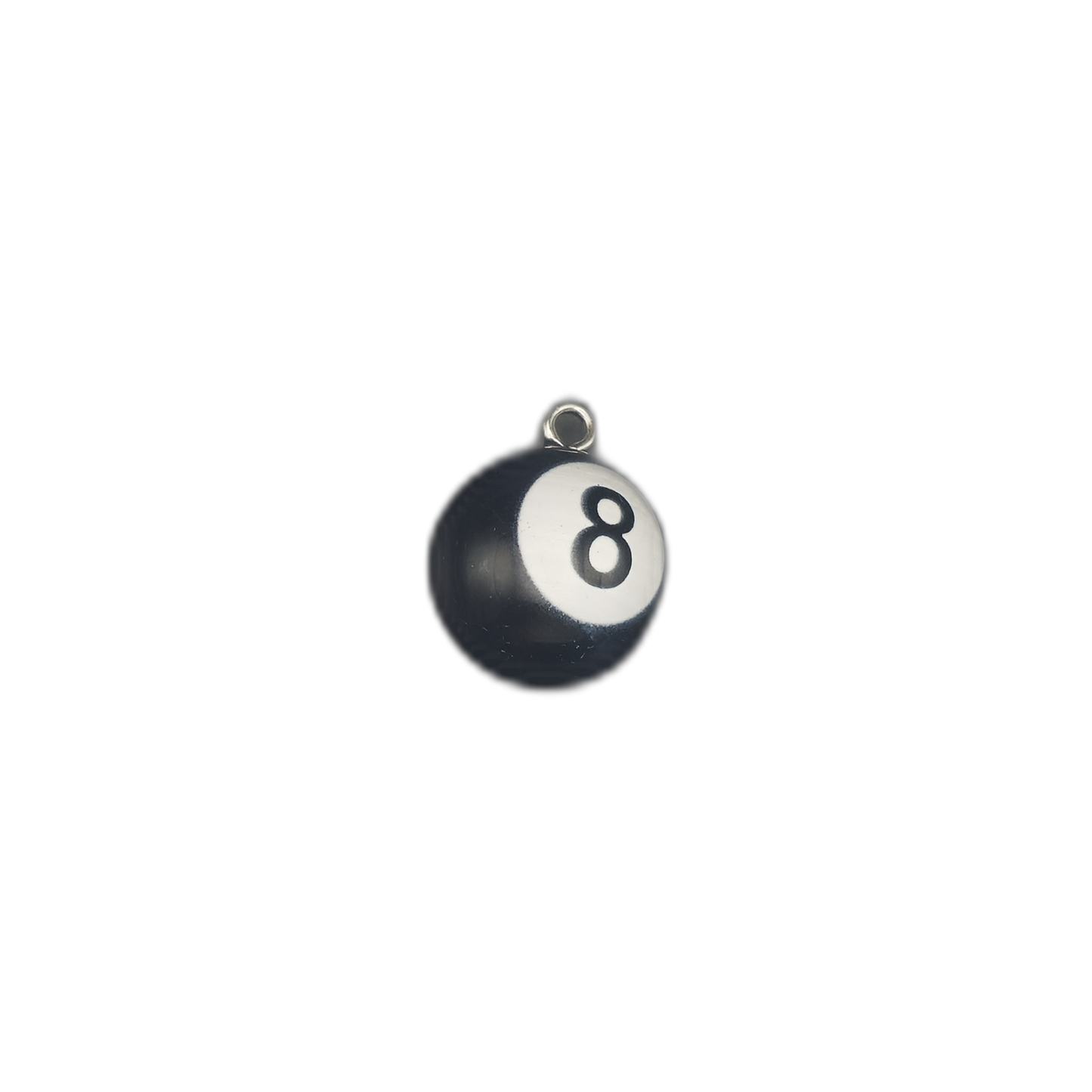 small 8-ball pool charm on black background