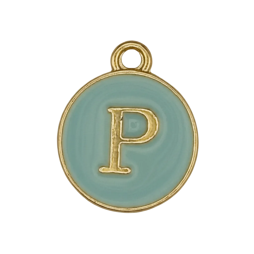 Close-up of round light blue enamel charm with gold-tone letter P and border.