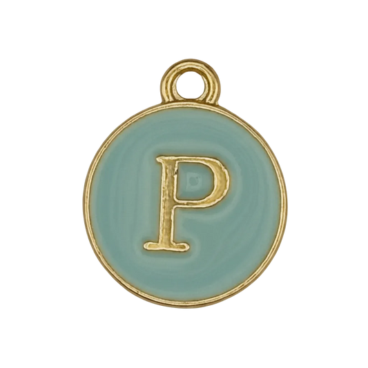 Close-up of round light blue enamel charm with gold-tone letter P and border.