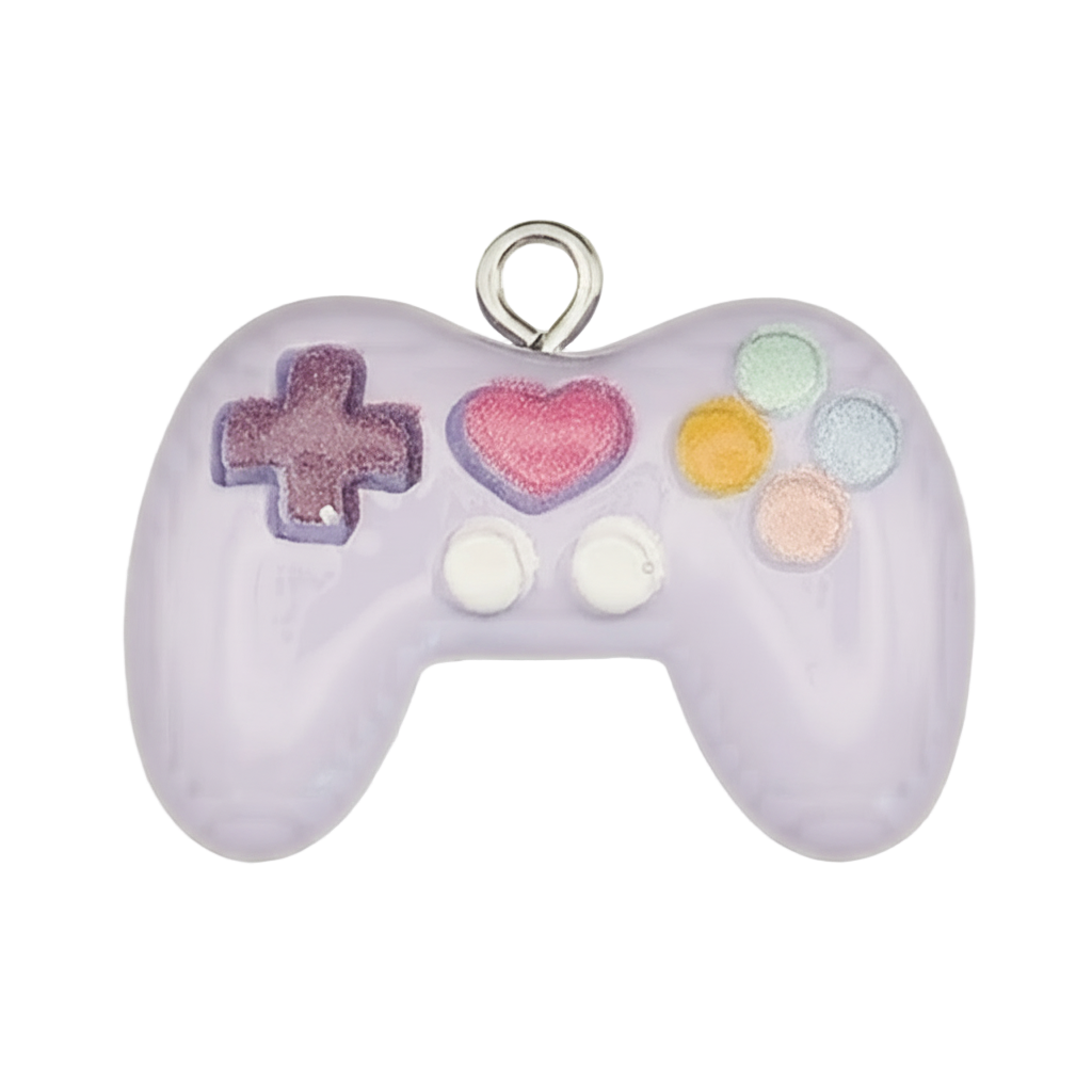 close-up of lavender game controller charm with multicolor buttons and a heart button