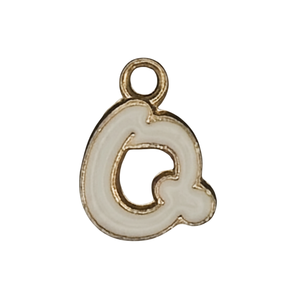 close-up of a white enamel lowercase letter g charm with a gold outline on a black background