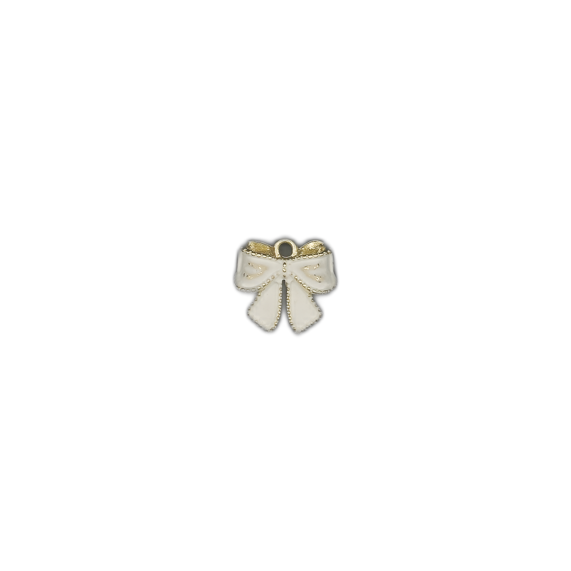small white enamel bow charm with gold accents centered on a black background