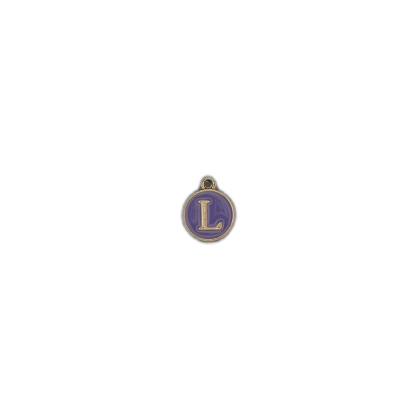 small round purple letter L charm centered on black background