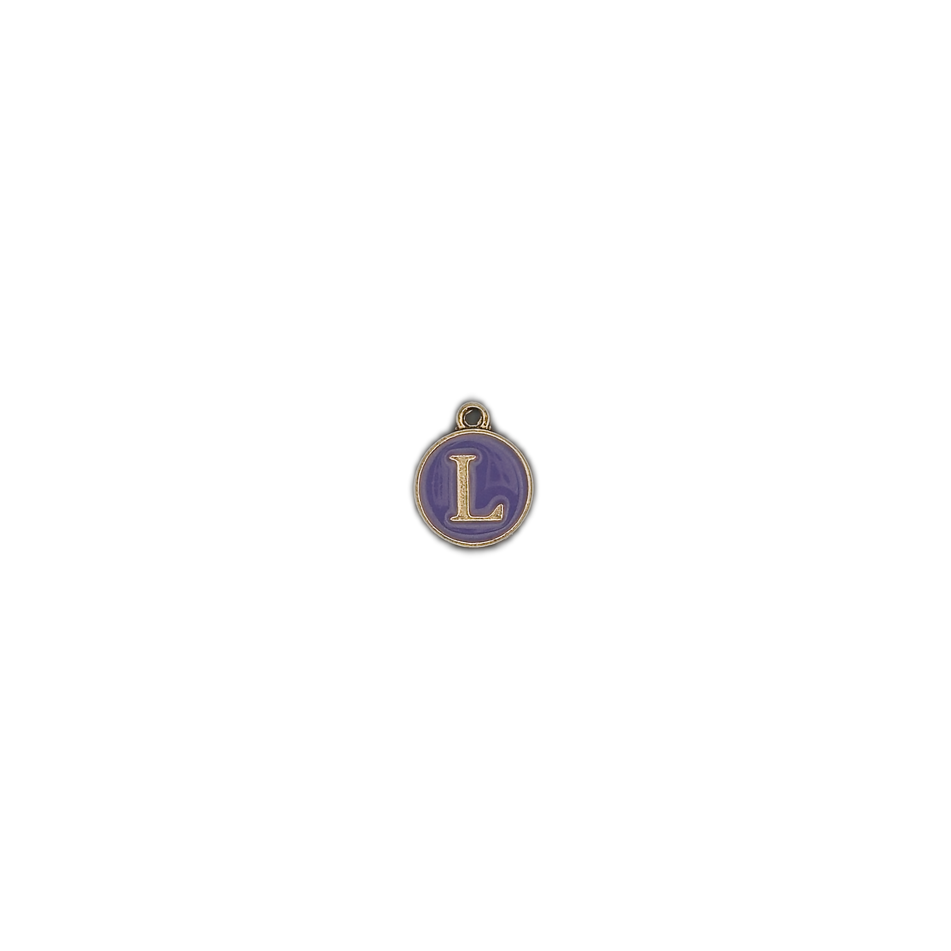 small round purple letter L charm centered on black background