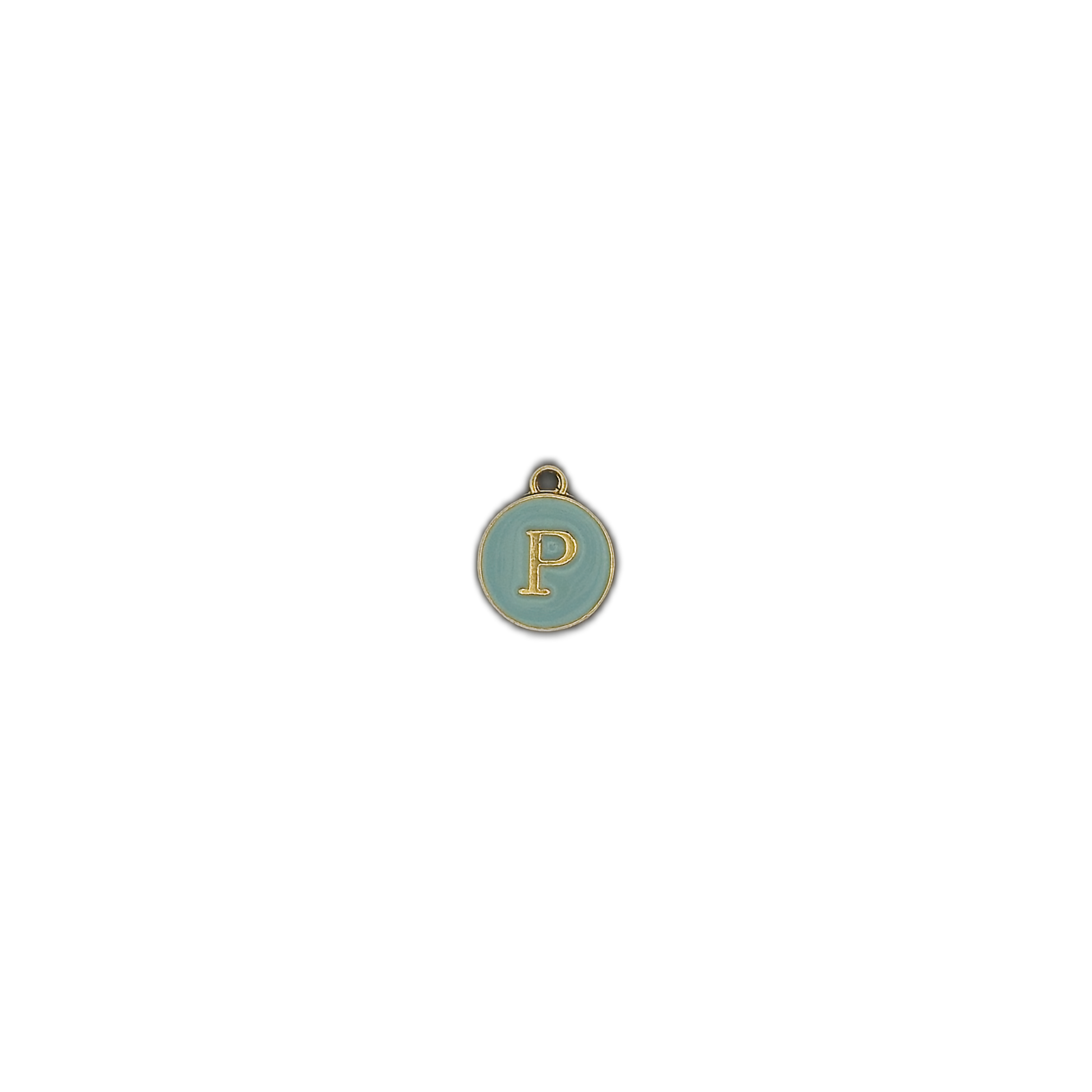 Small round charm with gold-tone letter P on light blue enamel, centered on a black background.