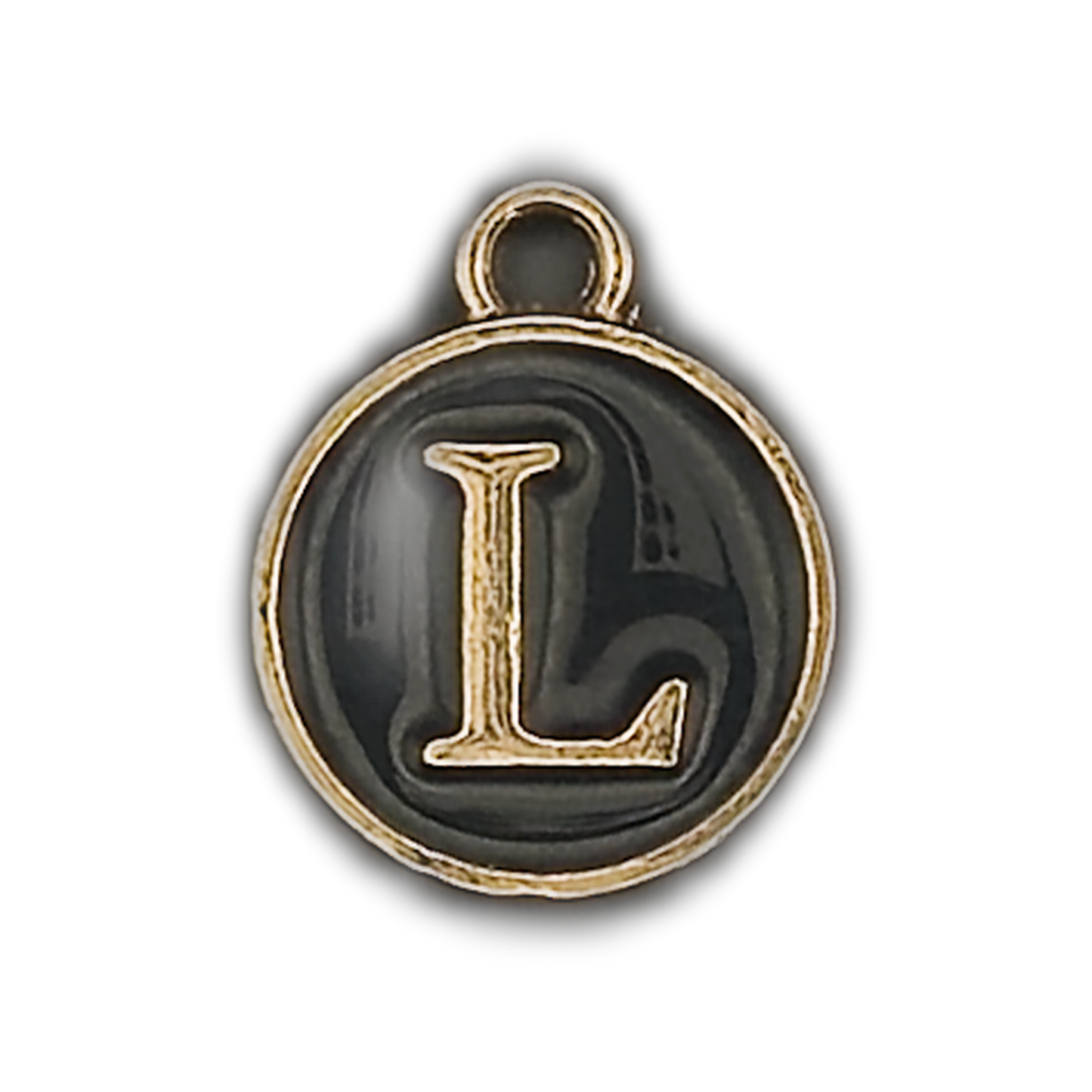 close-up of round black enamel charm with gold letter L