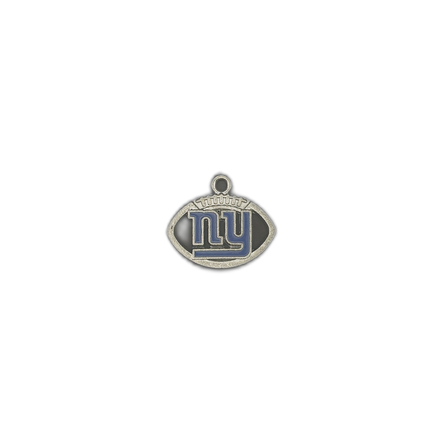 small football-shaped charm with blue 'ny' on a black background