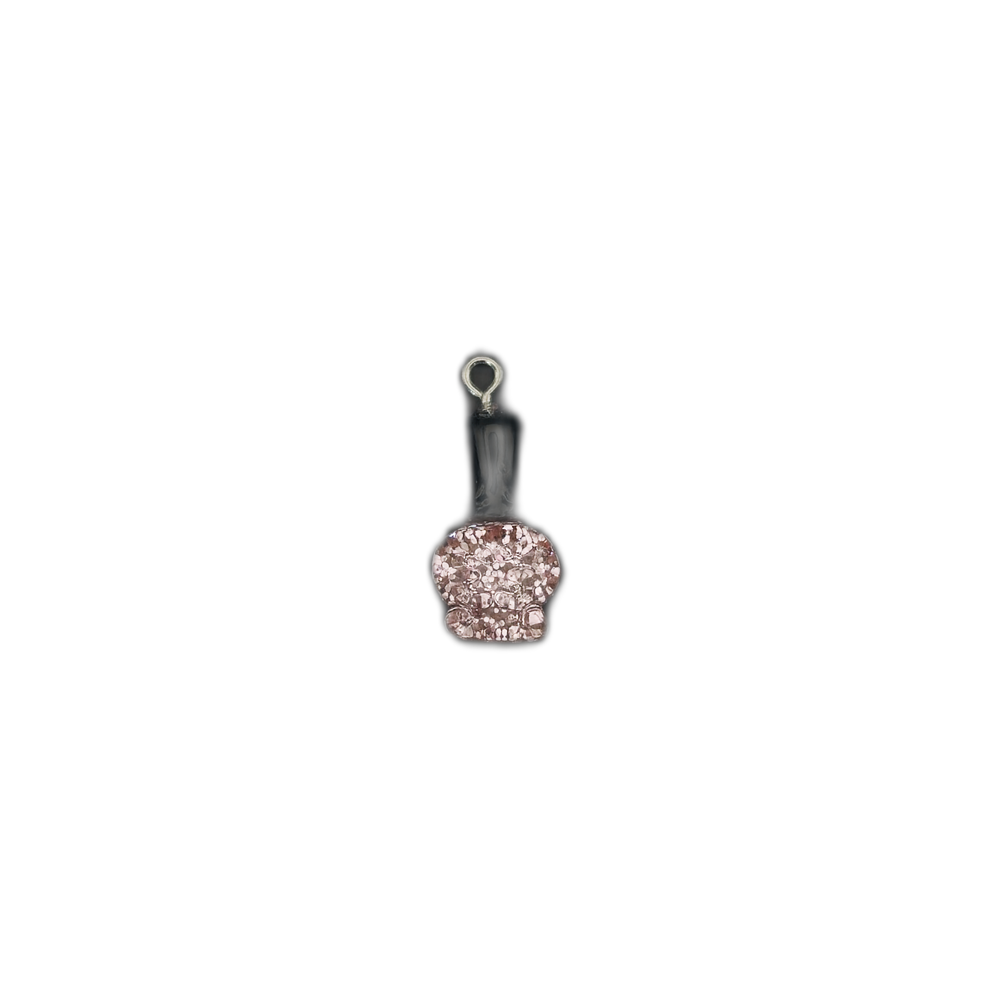 small nail polish bottle charm with black cap and pink glitter bottle centered on a black background
