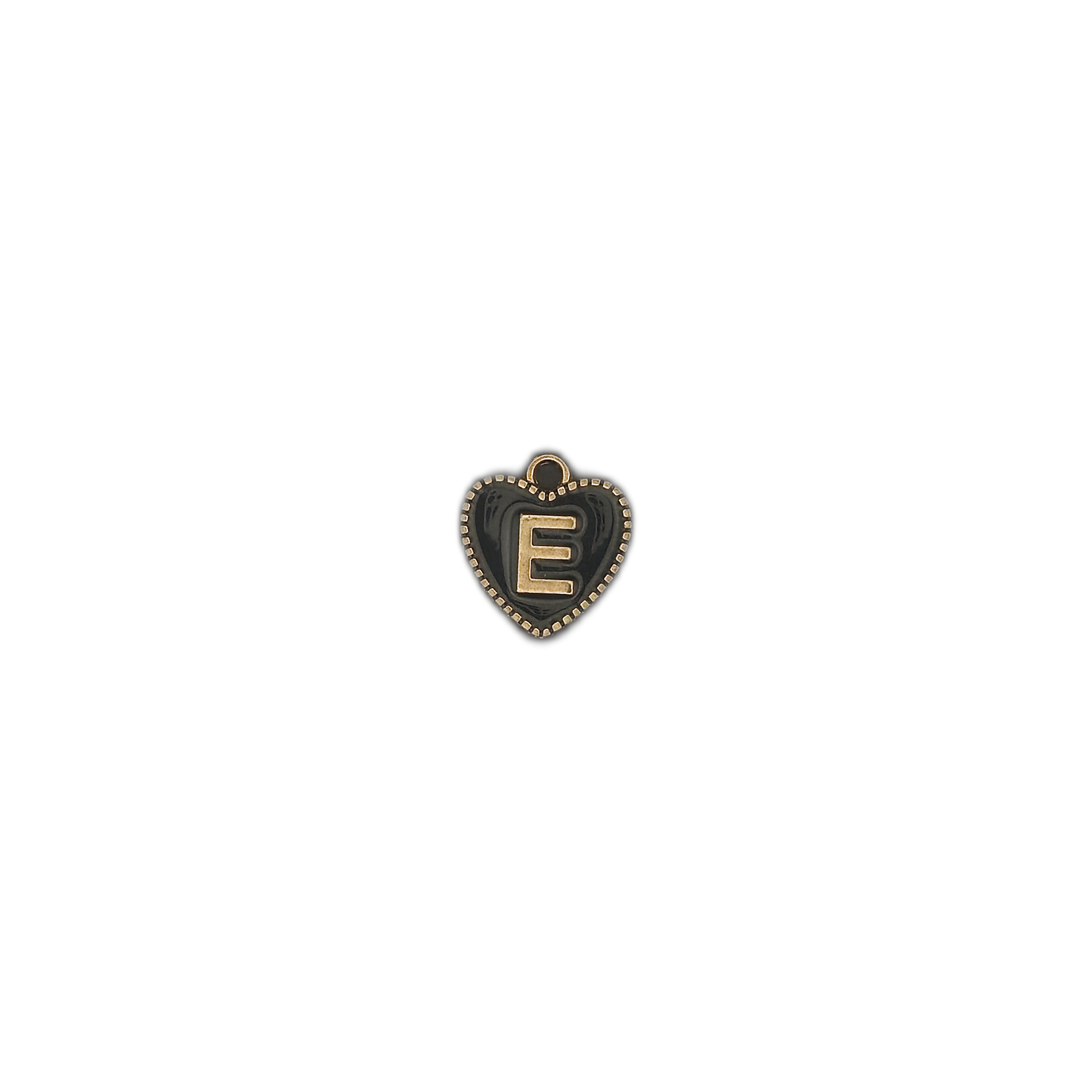small heart-shaped E initial charm on black background
