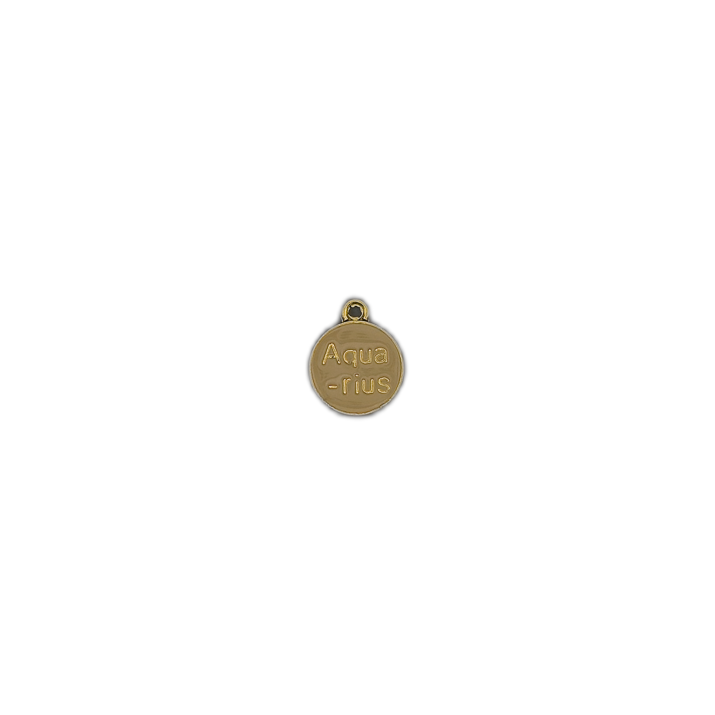 small gold Aquarius round charm on a black background with wide empty space