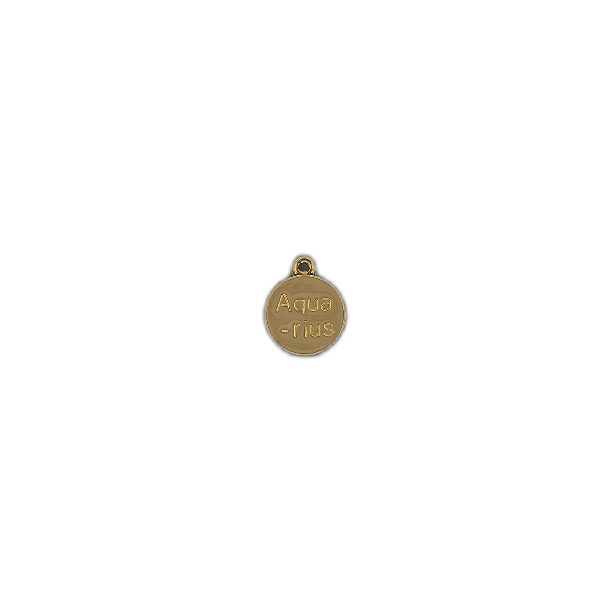 small gold Aquarius round charm on a black background with wide empty space