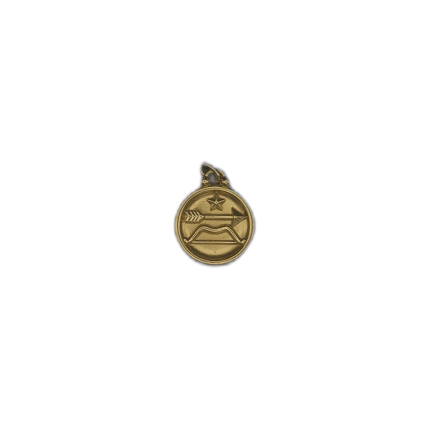 round gold charm with bow and arrow and star on a black background