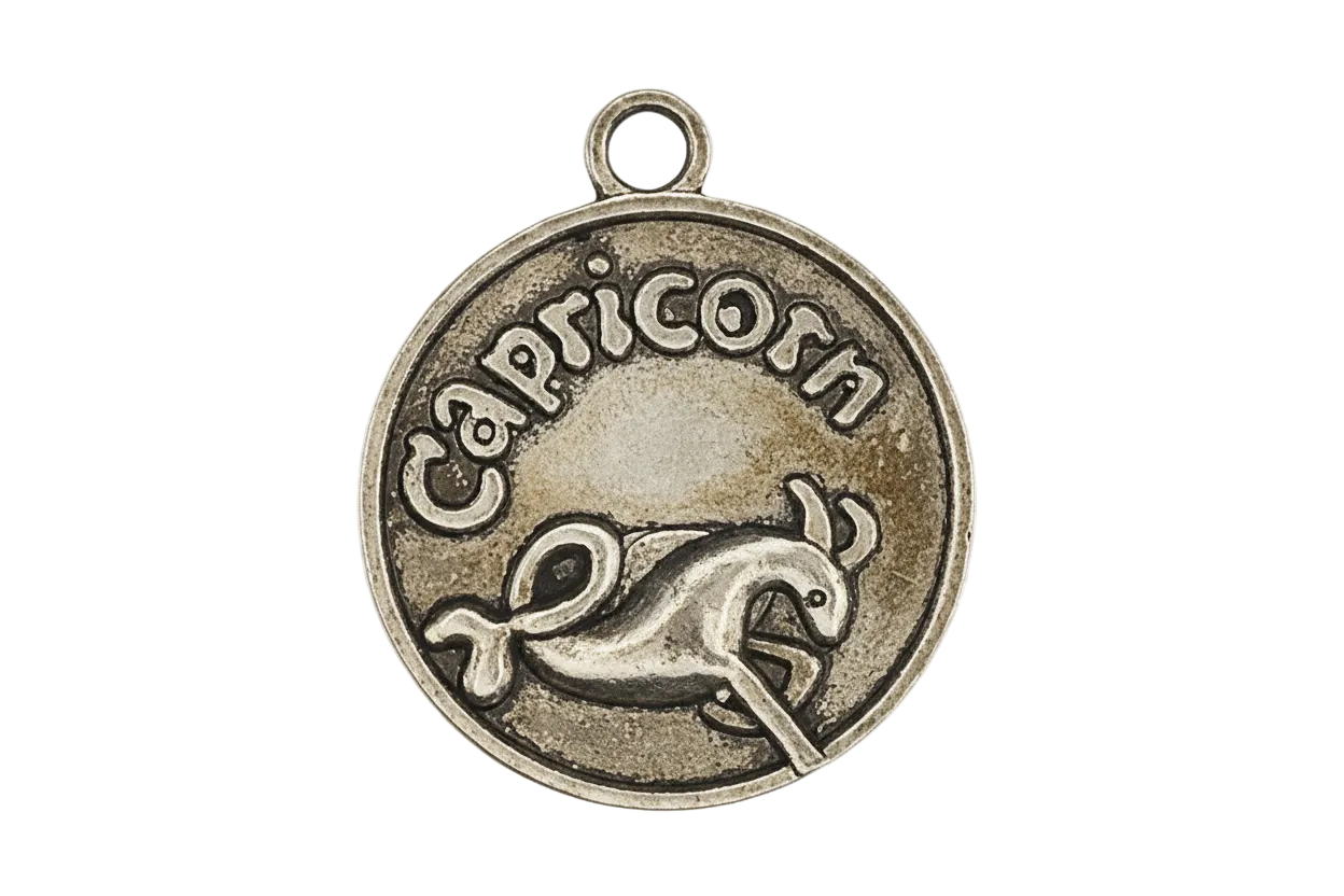 Close-up of round bronze charm with 'Capricorn' text and sea-goat symbol.