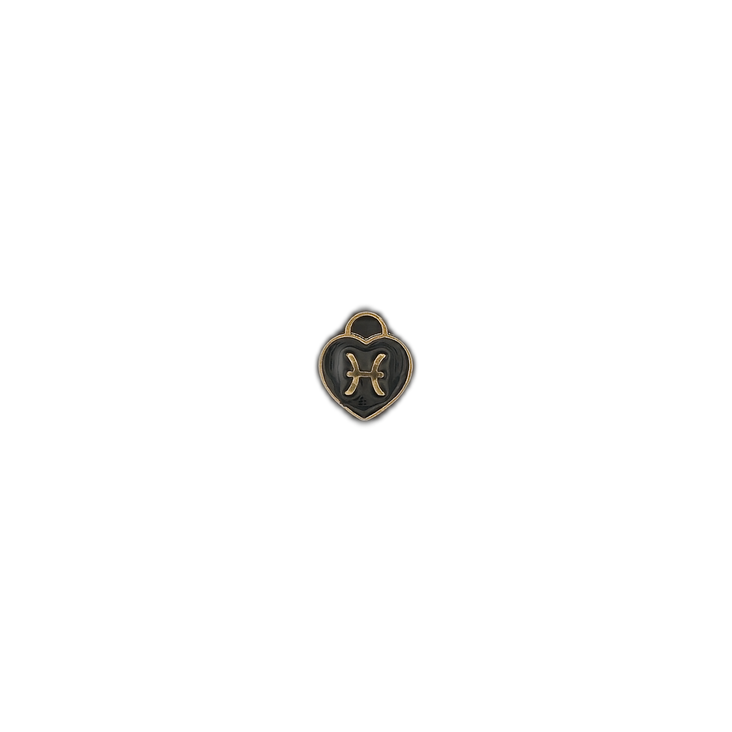 small gold and black Pisces heart charm centered on black background