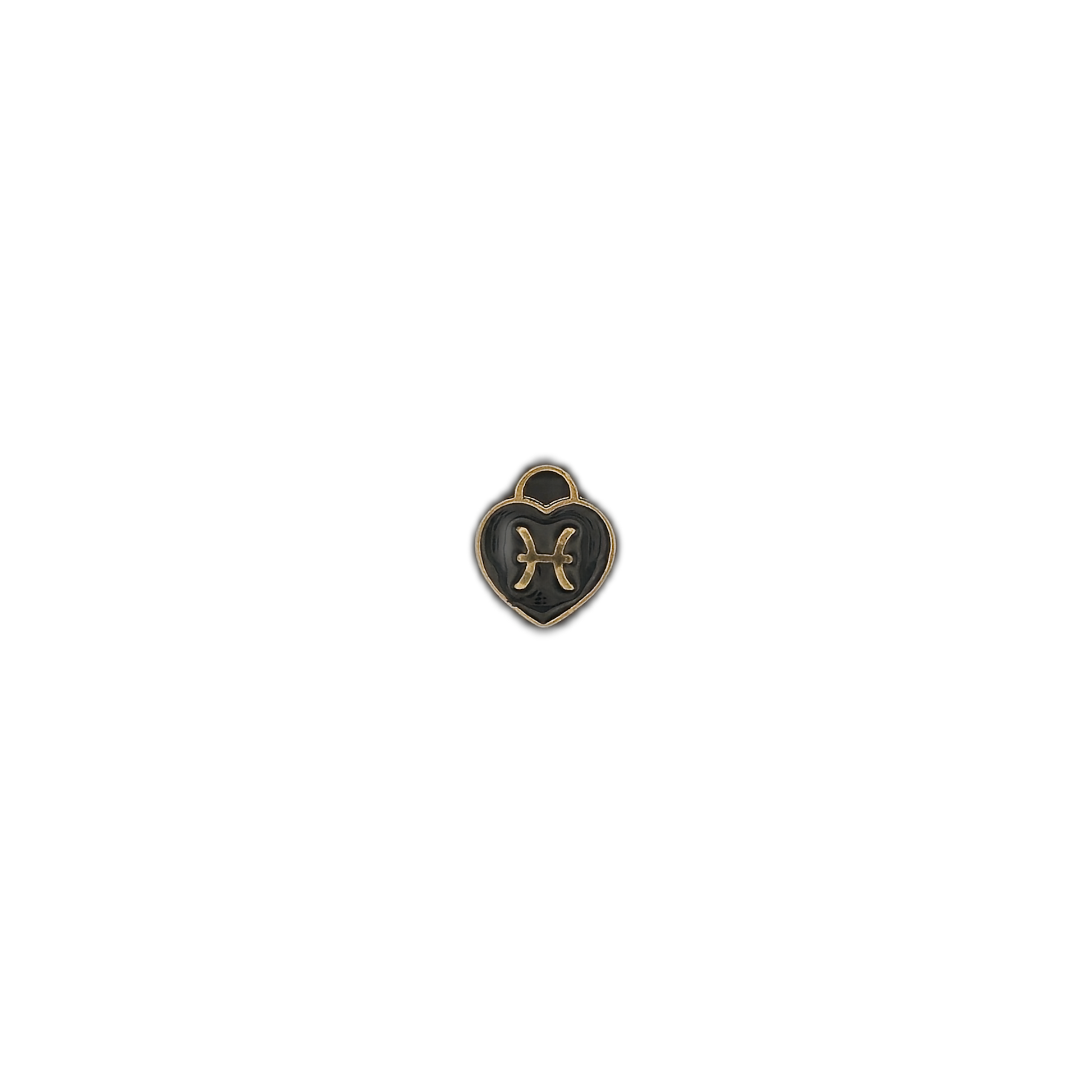 small gold and black Pisces heart charm centered on black background