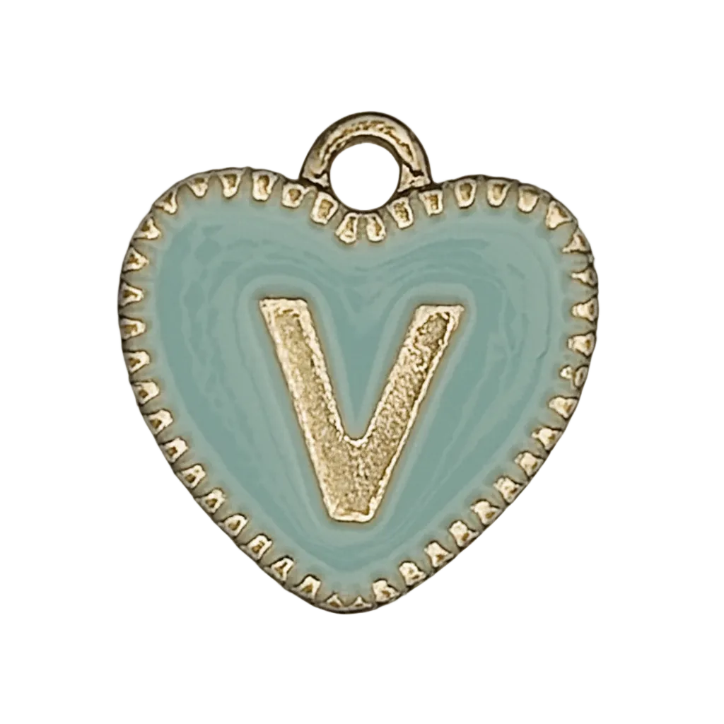 close-up of a small light blue enamel heart charm with a gold-tone letter V and border