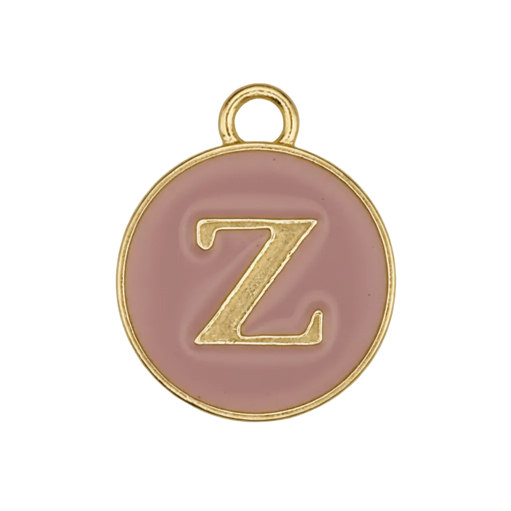 close-up of round pink enamel charm with gold letter Z