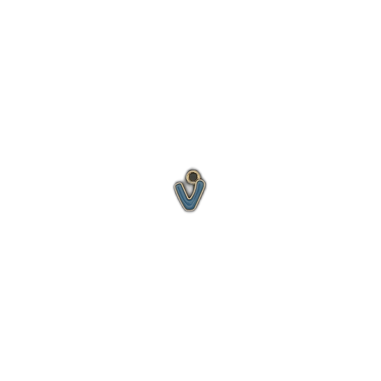 small blue lowercase v charm with gold outline on a black background, positioned lower right