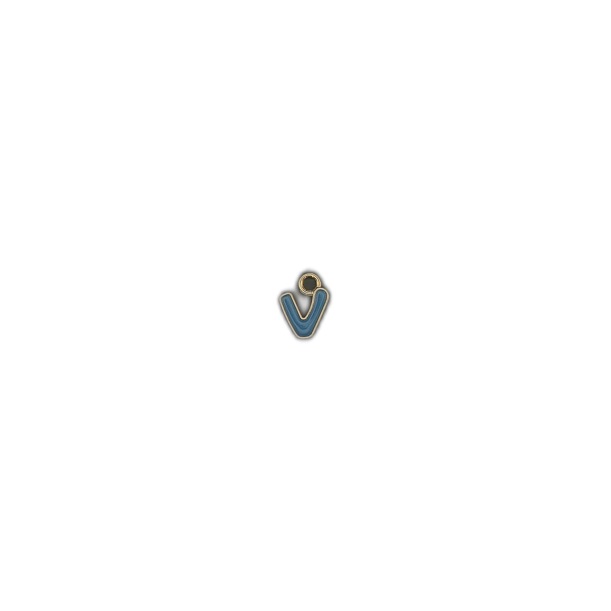 small blue lowercase v charm with gold outline on a black background, positioned lower right