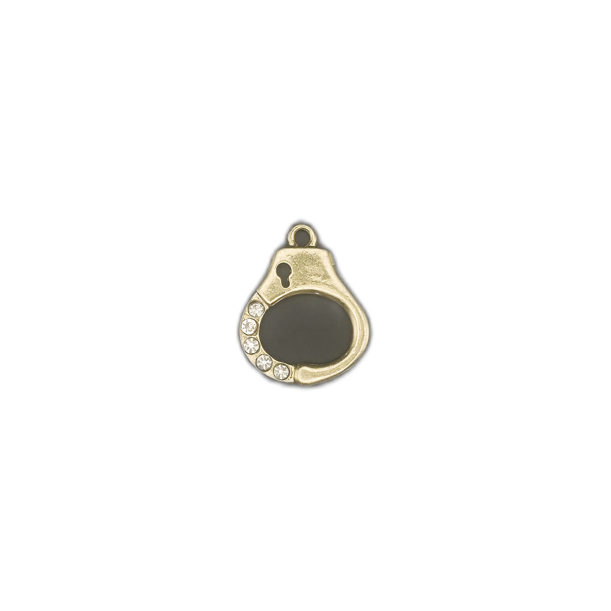 small gold-tone handcuff-shaped charm with black enamel and rhinestones on a black background