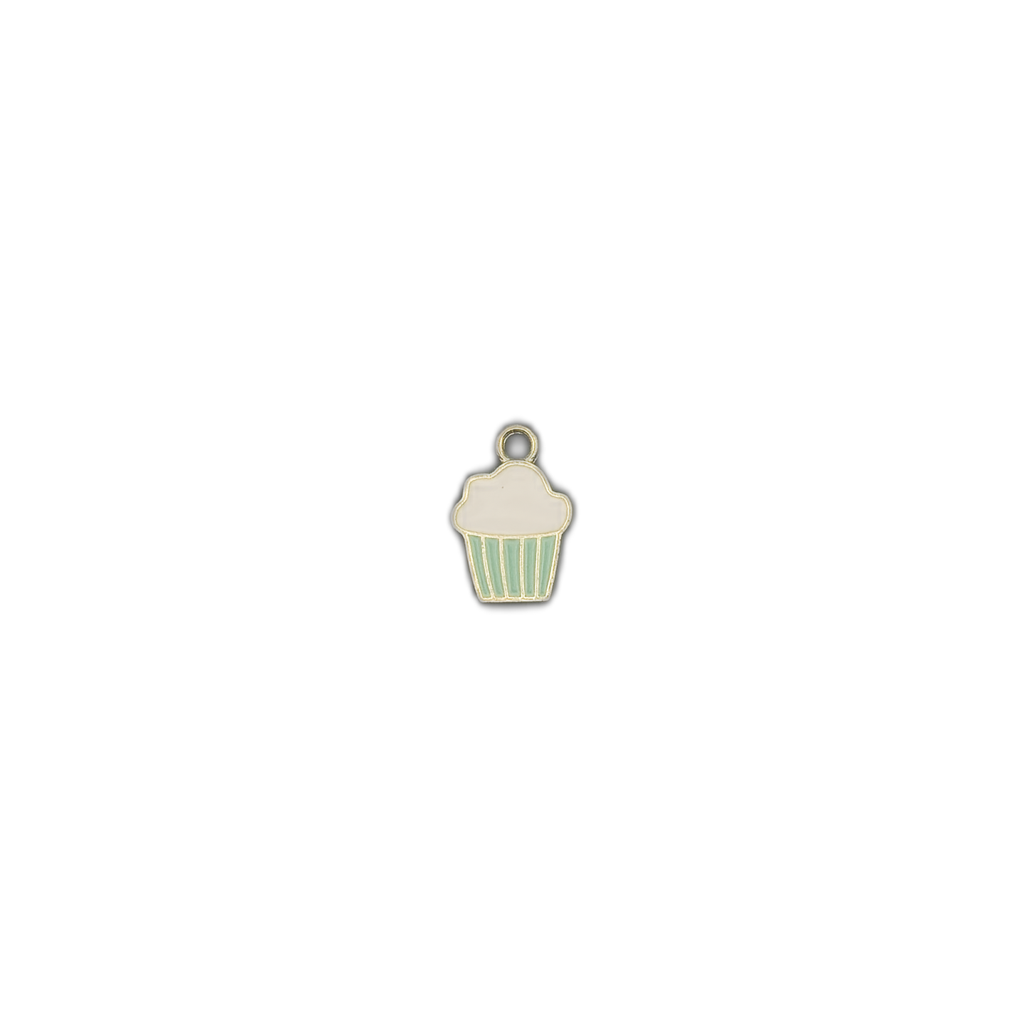 small cupcake-shaped enamel charm centered on a black background