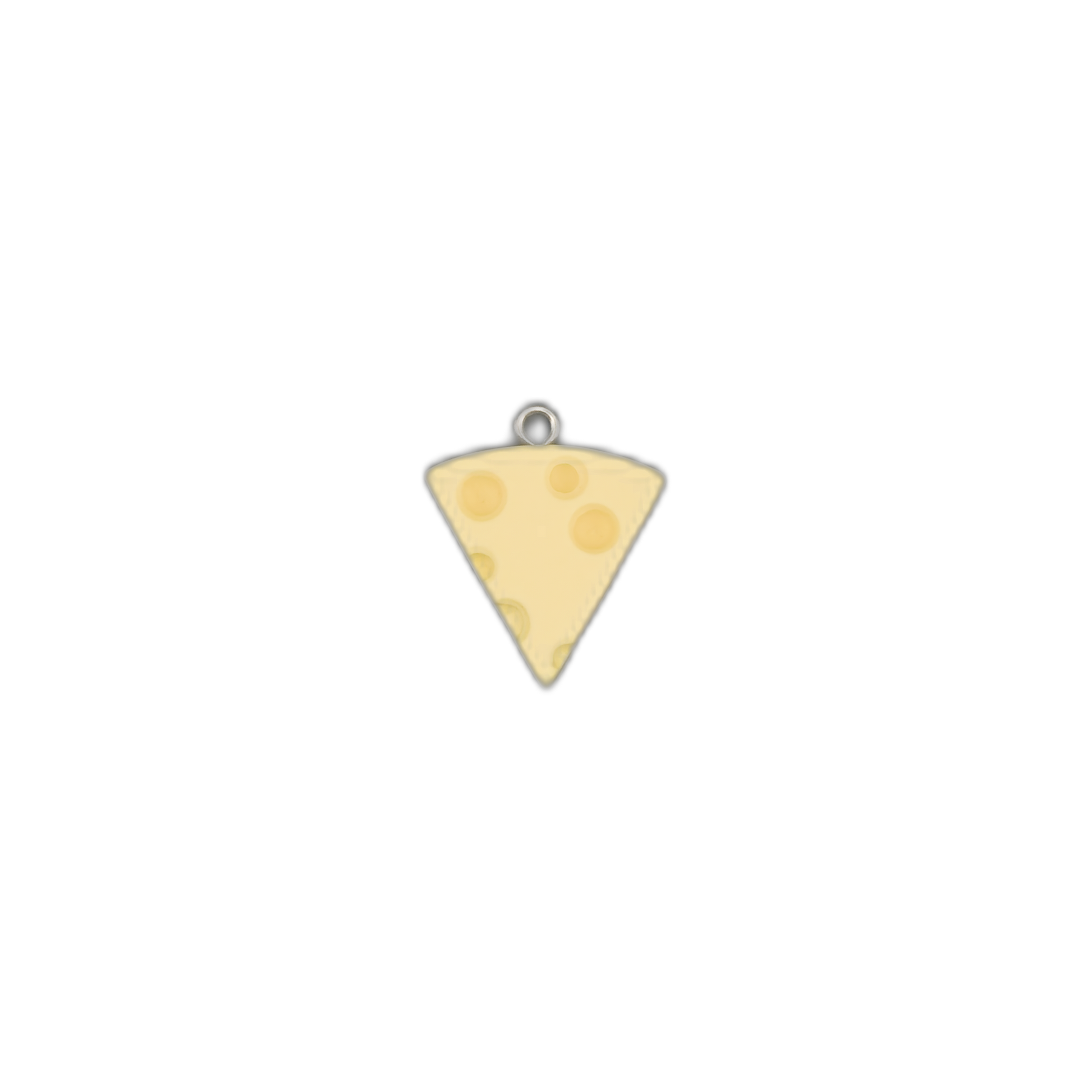 small triangular yellow cheese wedge charm with circular hole details centered on a black background